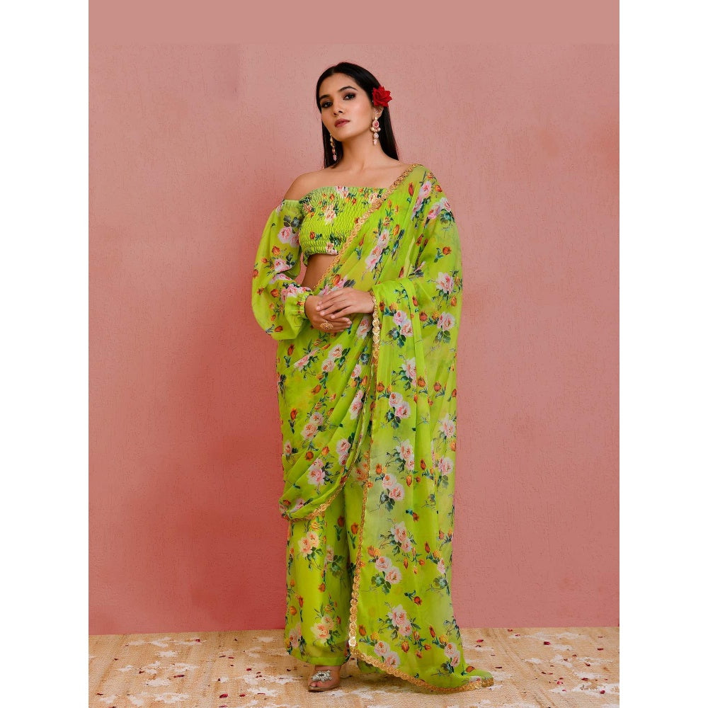 Bannhi Green Jhilmil Pre-Stitched Saree With Stitched Blouse