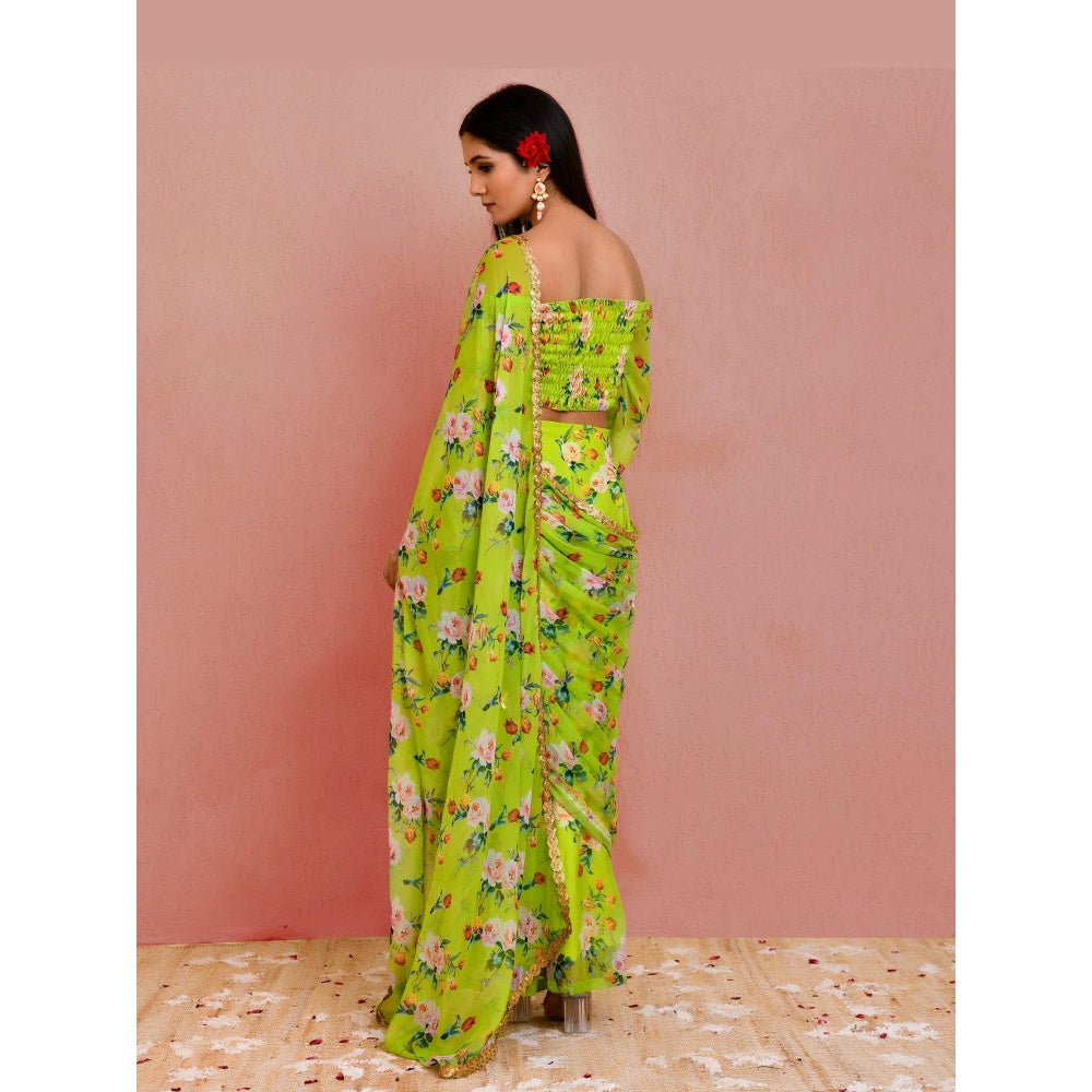 Bannhi Green Jhilmil Pre-Stitched Saree With Stitched Blouse