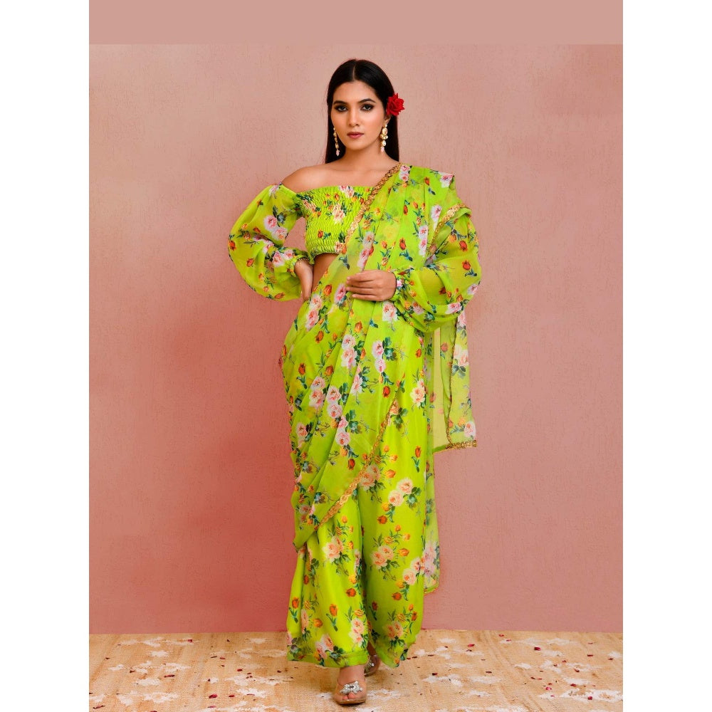 Bannhi Green Jhilmil Pre-Stitched Saree With Stitched Blouse