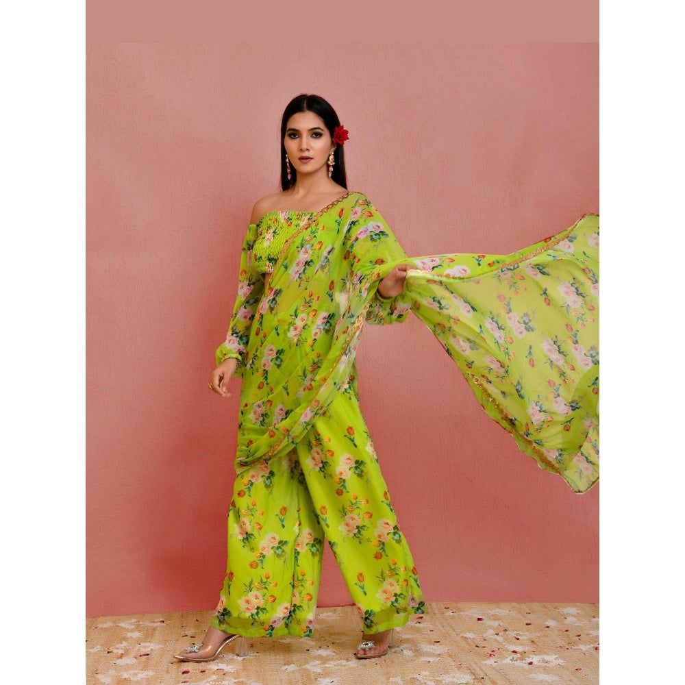Bannhi Green Jhilmil Pre-Stitched Saree With Stitched Blouse
