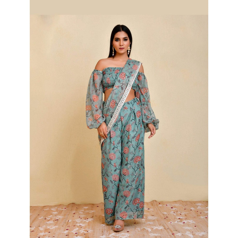 Bannhi Blue Mehek Pre-Stitched Saree With Stitched Blouse