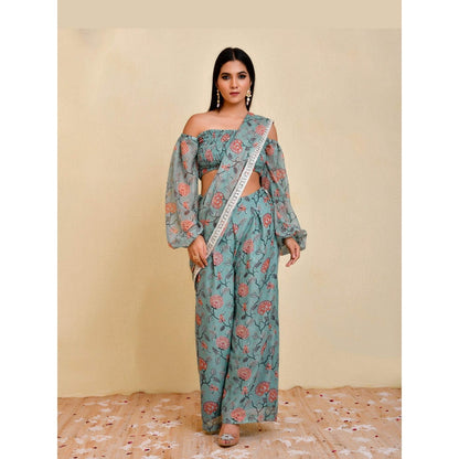 Bannhi Blue Mehek Pre-Stitched Saree With Stitched Blouse