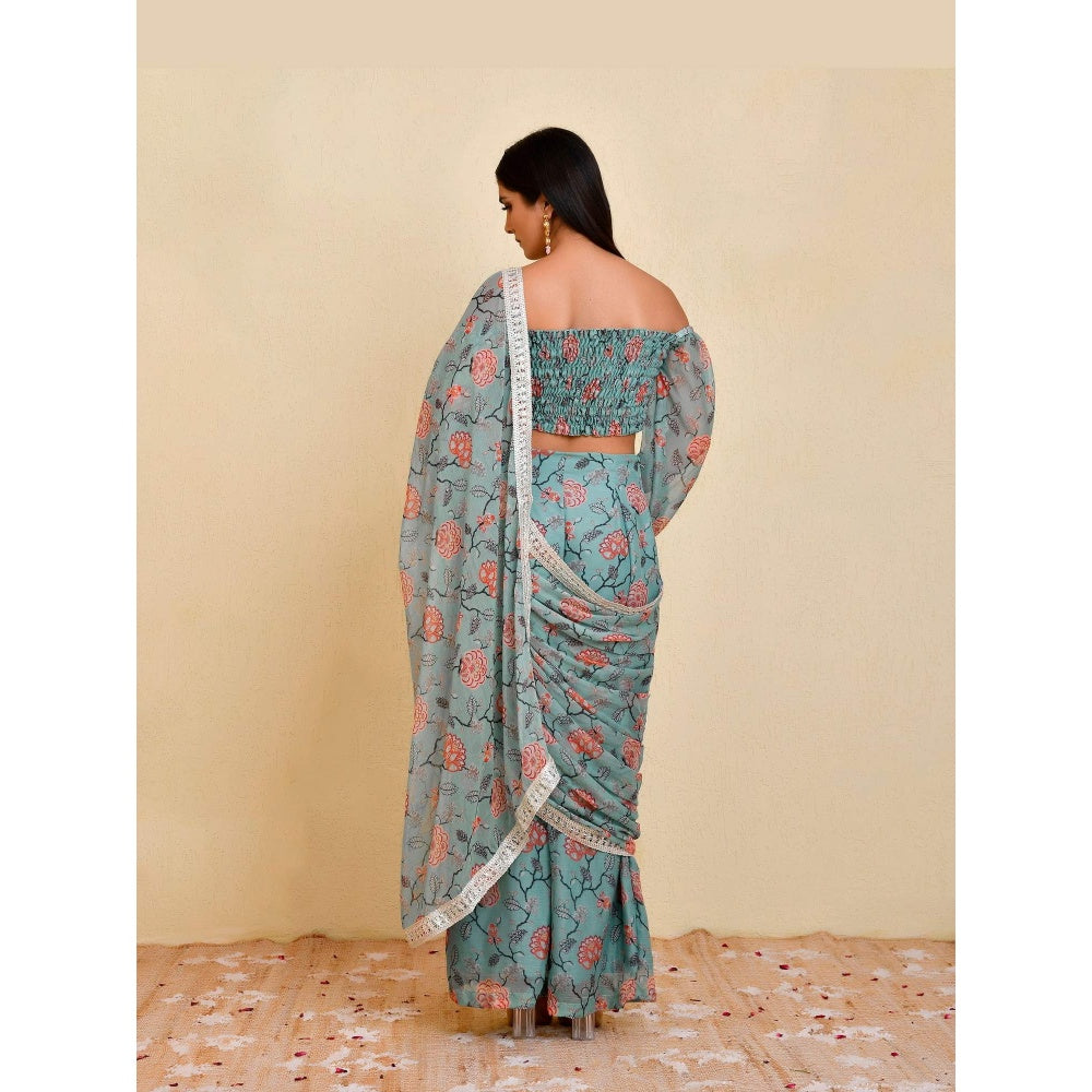 Bannhi Blue Mehek Pre-Stitched Saree With Stitched Blouse