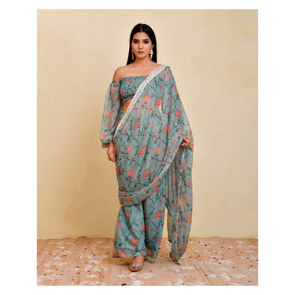 Bannhi Blue Mehek Pre-Stitched Saree With Stitched Blouse