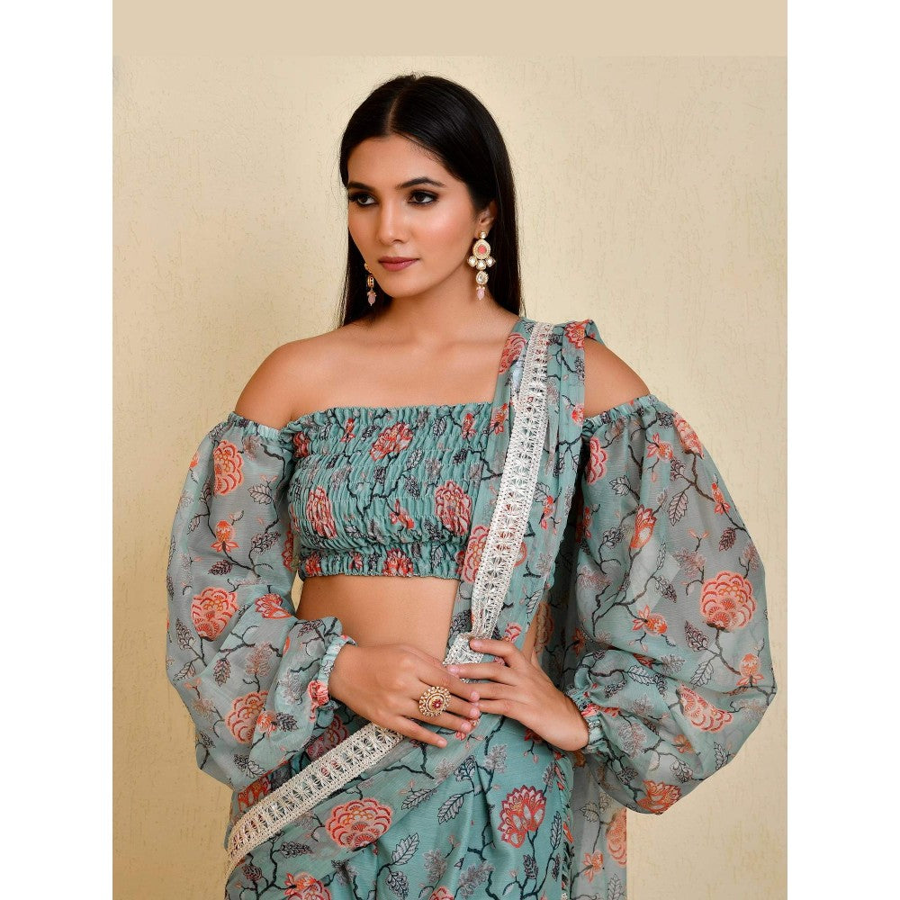 Bannhi Blue Mehek Pre-Stitched Saree With Stitched Blouse