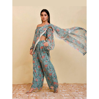 Bannhi Blue Mehek Pre-Stitched Saree With Stitched Blouse