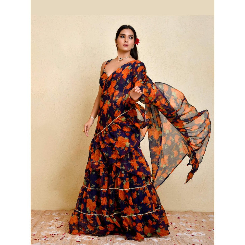 Bannhi Blue Pushp Pre-Stitched Saree With Stitched Blouse