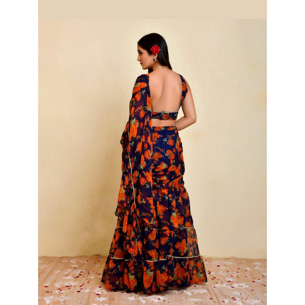 Bannhi Blue Pushp Pre-Stitched Saree With Stitched Blouse