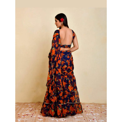 Bannhi Blue Pushp Pre-Stitched Saree With Stitched Blouse