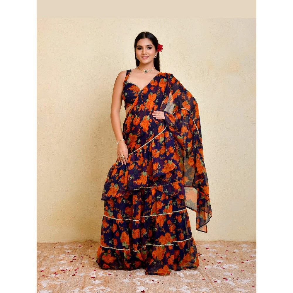 Bannhi Blue Pushp Pre-Stitched Saree With Stitched Blouse