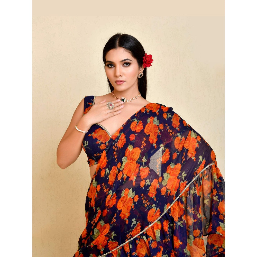 Bannhi Blue Pushp Pre-Stitched Saree With Stitched Blouse