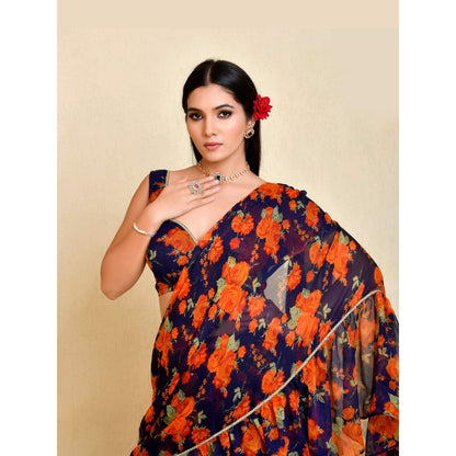 Bannhi Blue Pushp Pre-Stitched Saree With Stitched Blouse
