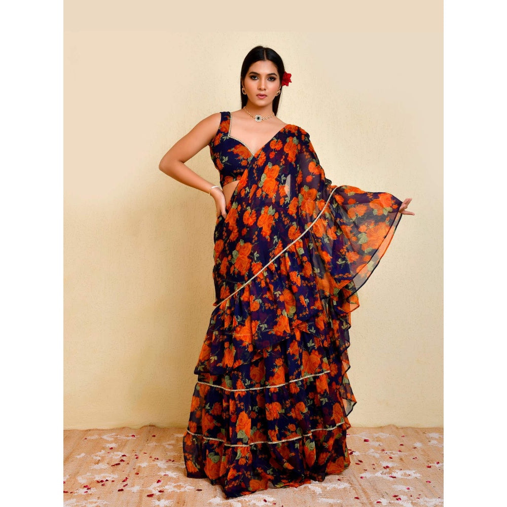 Bannhi Blue Pushp Pre-Stitched Saree With Stitched Blouse