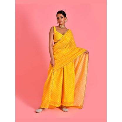 Bannhi Yellow Ragini Pre-Draped Saree With Stitched Blouse