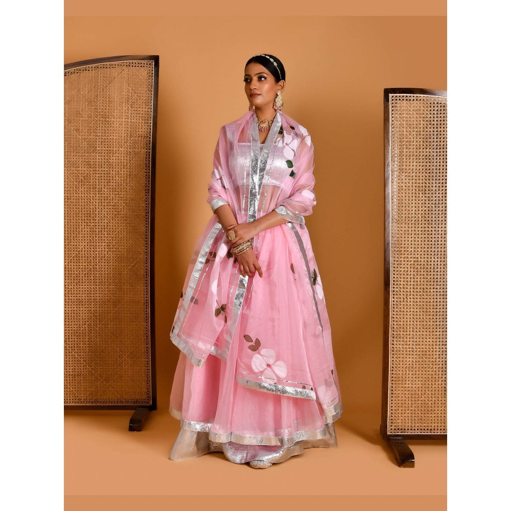 Bannhi Pink Gulaab Hand Painted Lehenga with Stitched Blouse and Dupatta