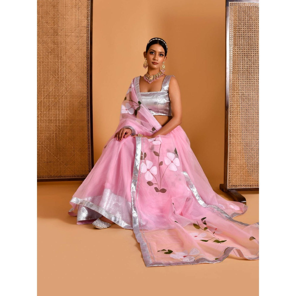 Bannhi Pink Gulaab Hand Painted Lehenga with Stitched Blouse and Dupatta