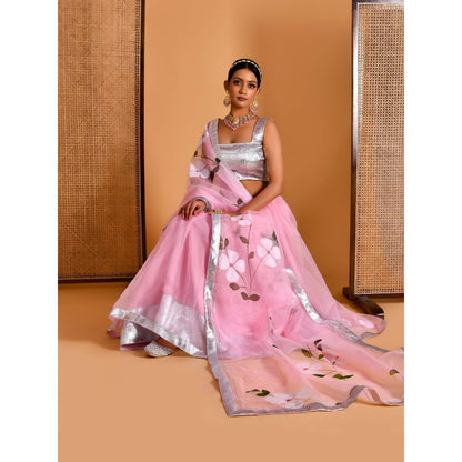 Bannhi Pink Gulaab Hand Painted Lehenga with Stitched Blouse and Dupatta