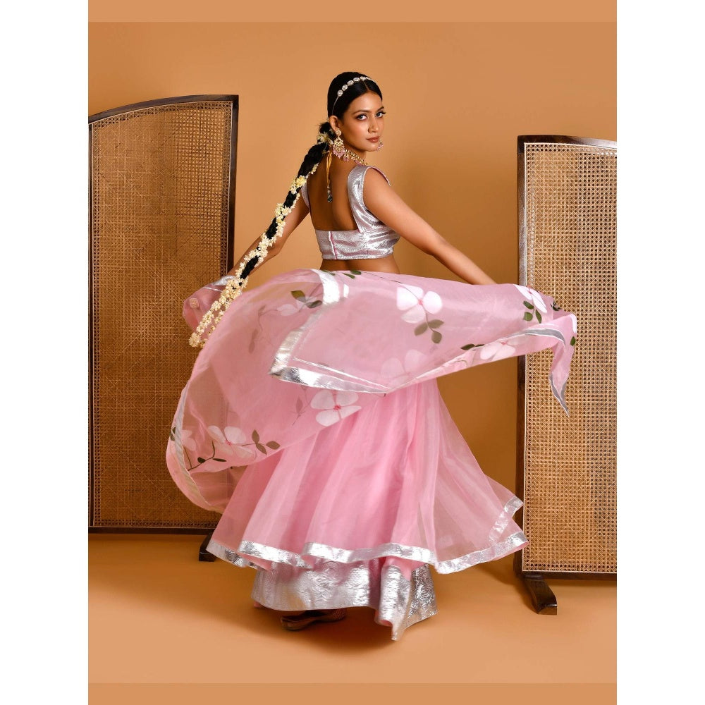 Bannhi Pink Gulaab Hand Painted Lehenga with Stitched Blouse and Dupatta