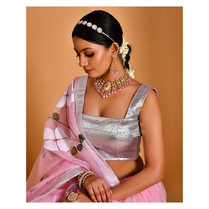 Bannhi Pink Gulaab Hand Painted Lehenga with Stitched Blouse and Dupatta