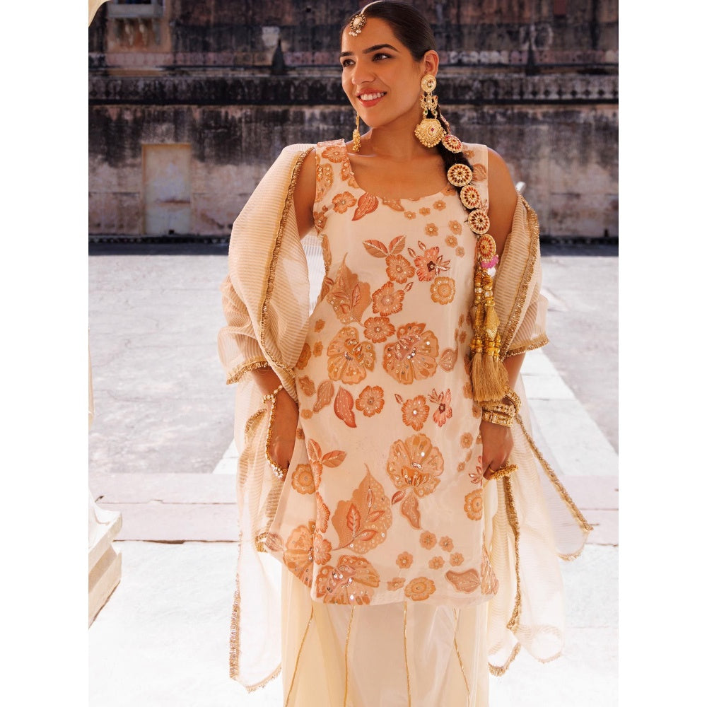 Bannhi Ivory, Crepe Embroidered Kurta with Skirt and Dupatta