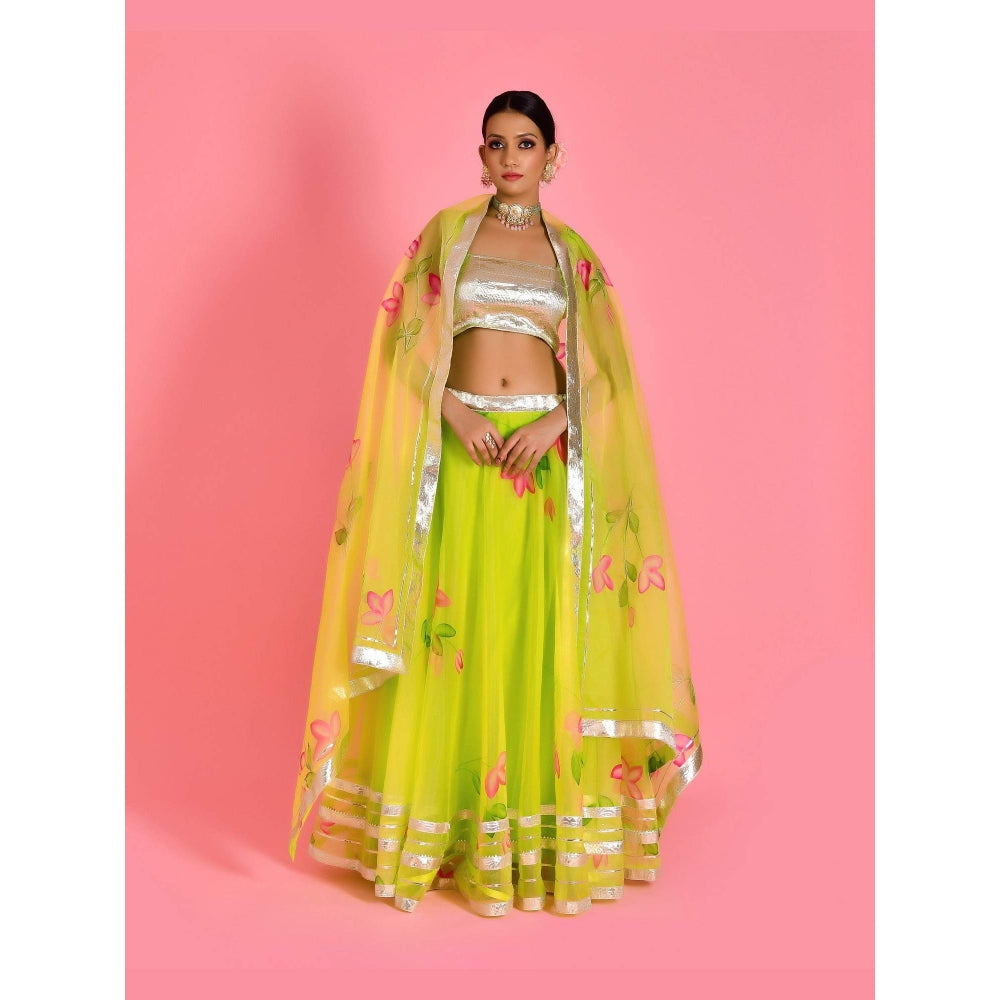 Bannhi Green Leela Hand Painted Lehenga with Stitched Blouse and Dupatta