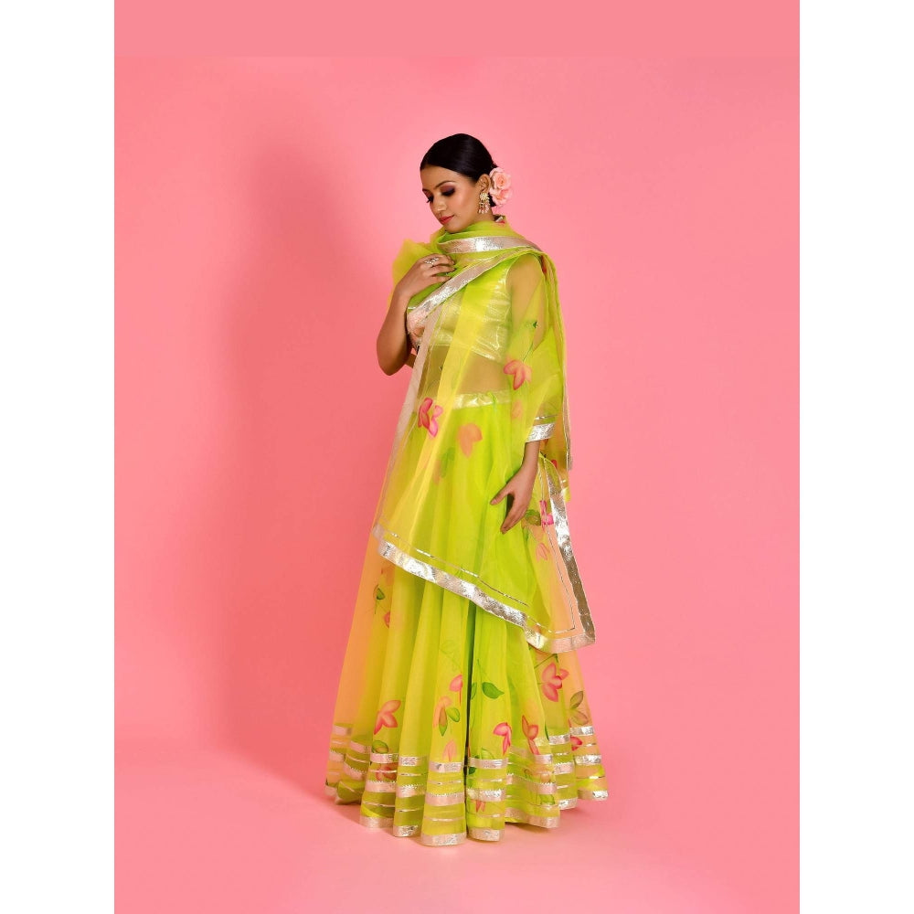 Bannhi Green Leela Hand Painted Lehenga with Stitched Blouse and Dupatta