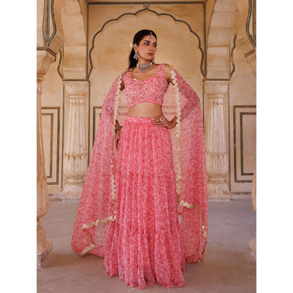 Bannhi Pink Embroidered Chiffon Lehenga with Stitched Blouse and Dupatta