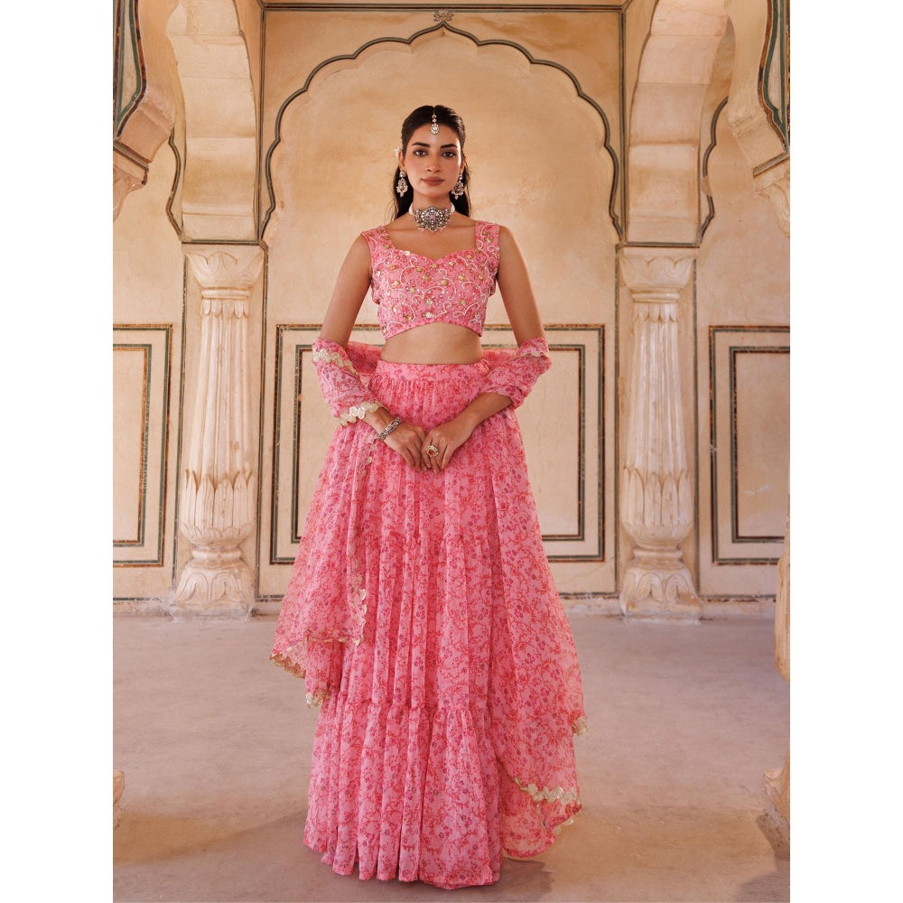 Bannhi Pink Embroidered Chiffon Lehenga with Stitched Blouse and Dupatta