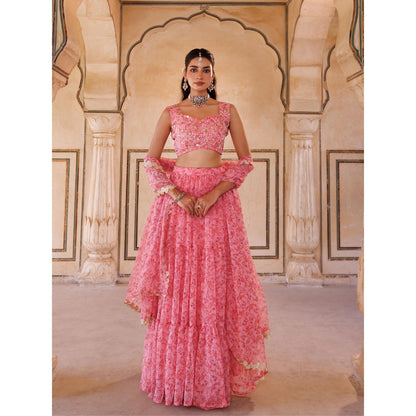 Bannhi Pink Embroidered Chiffon Lehenga with Stitched Blouse and Dupatta