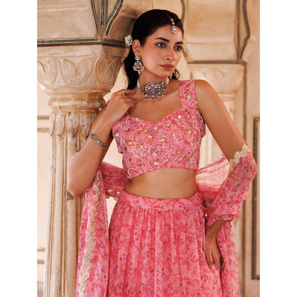 Bannhi Pink Embroidered Chiffon Lehenga with Stitched Blouse and Dupatta