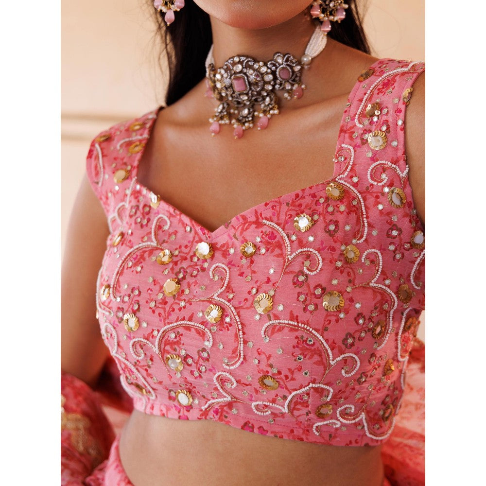 Bannhi Pink Embroidered Chiffon Lehenga with Stitched Blouse and Dupatta