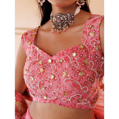 Bannhi Pink Embroidered Chiffon Lehenga with Stitched Blouse and Dupatta
