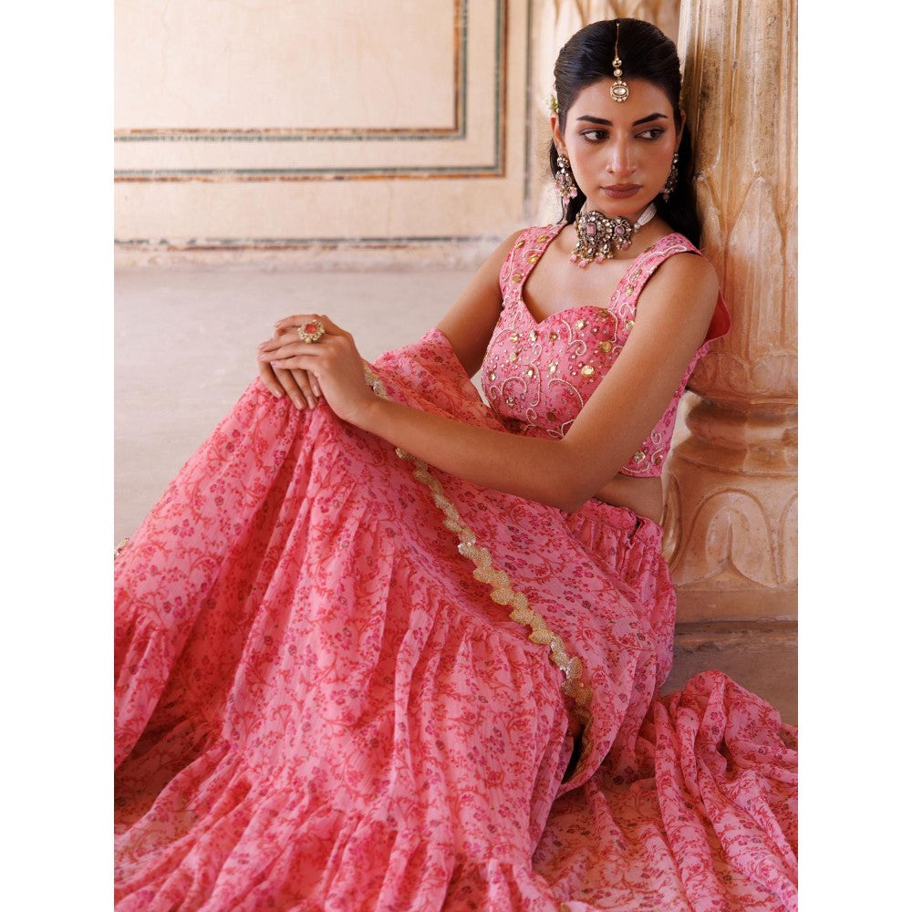 Bannhi Pink Embroidered Chiffon Lehenga with Stitched Blouse and Dupatta