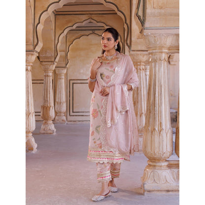 Bannhi Pink Tissue Kurta With Pant and Dupatta