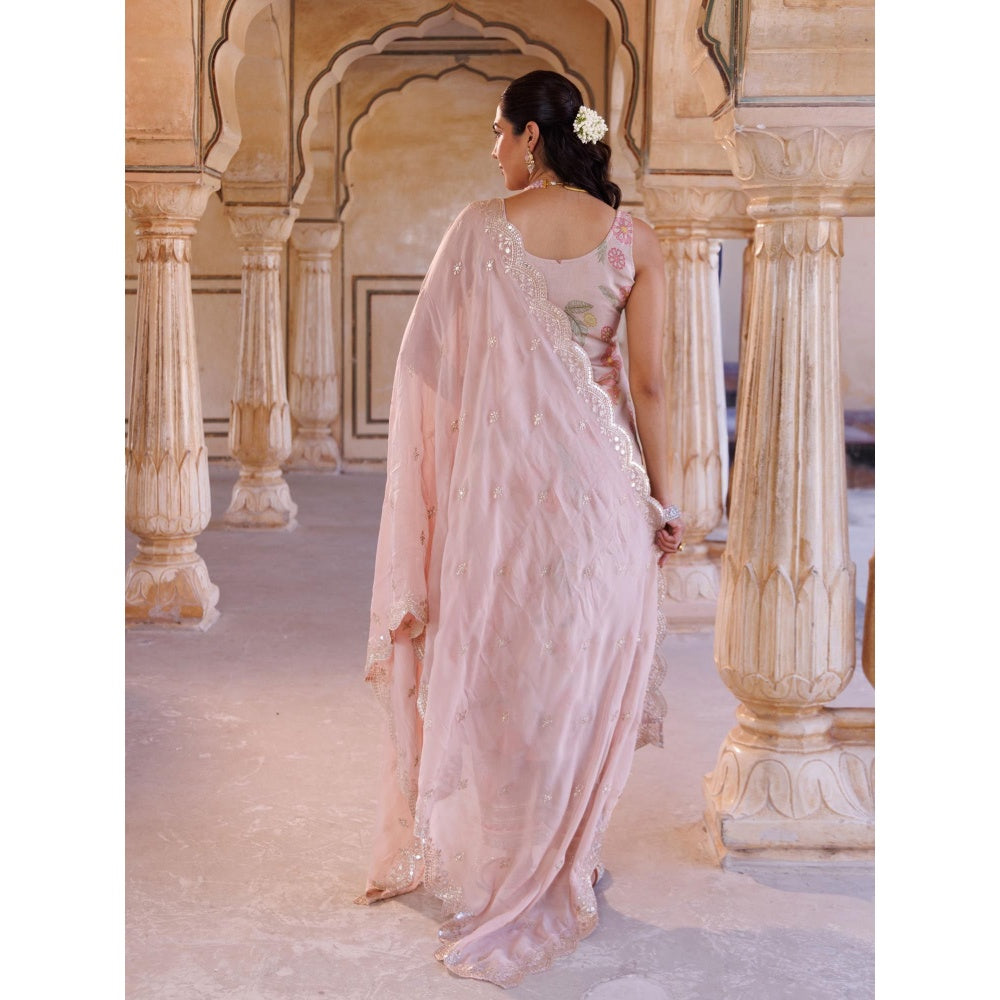 Bannhi Pink Tissue Kurta With Pant and Dupatta