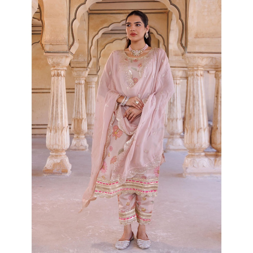 Bannhi Pink Tissue Kurta With Pant and Dupatta