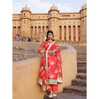 Bannhi Coral Floral Printed Chanderi Kurta With Pant and Dupatta