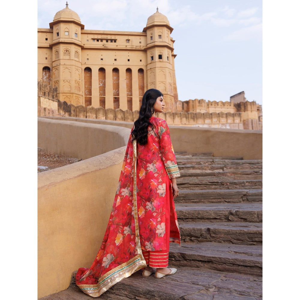 Bannhi Coral Floral Printed Chanderi Kurta With Pant and Dupatta