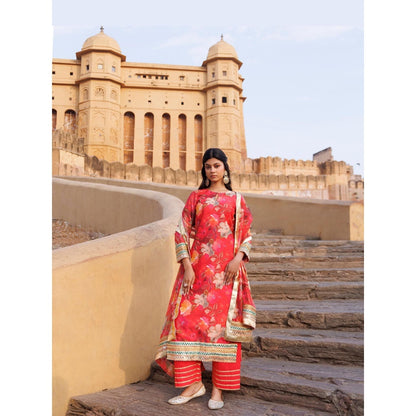 Bannhi Coral Floral Printed Chanderi Kurta With Pant and Dupatta