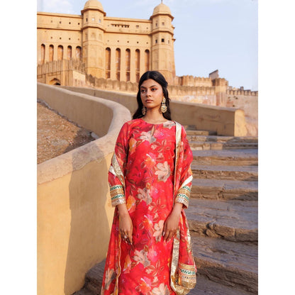 Bannhi Coral Floral Printed Chanderi Kurta With Pant and Dupatta