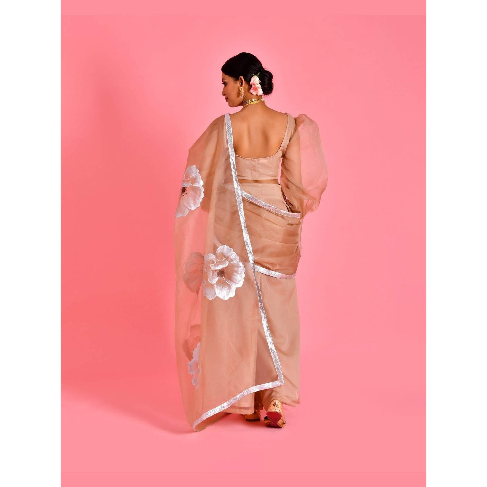 Bannhi Brown Raas Hand Painted Pre-Draped Saree With Stitched Blouse