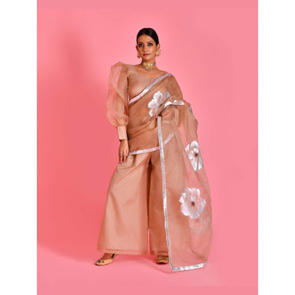 Bannhi Brown Raas Hand Painted Pre-Draped Saree With Stitched Blouse