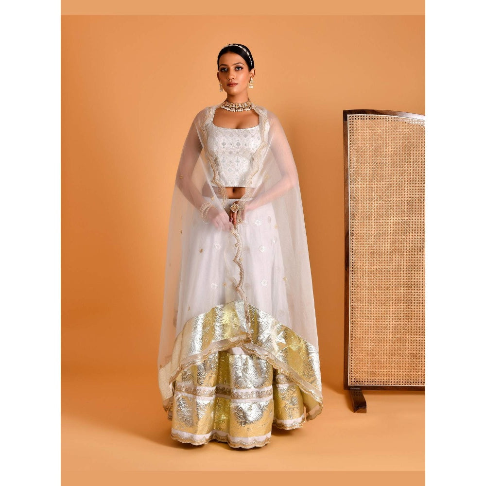 Bannhi White Champa Embroidered Lehenga with Stitched Blouse and Dupatta