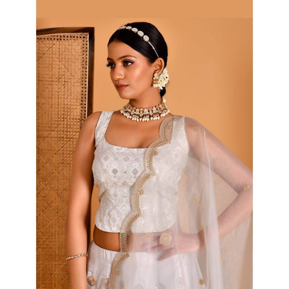Bannhi White Champa Embroidered Lehenga with Stitched Blouse and Dupatta