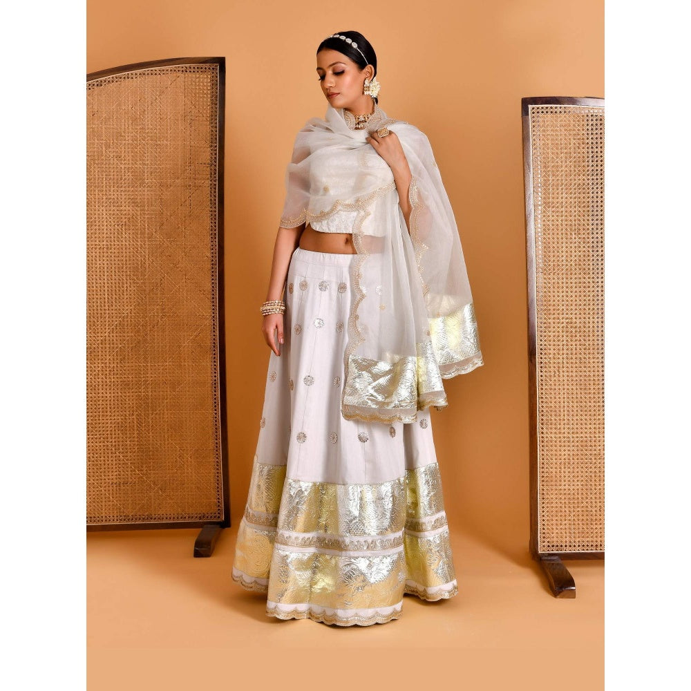 Bannhi White Champa Embroidered Lehenga with Stitched Blouse and Dupatta
