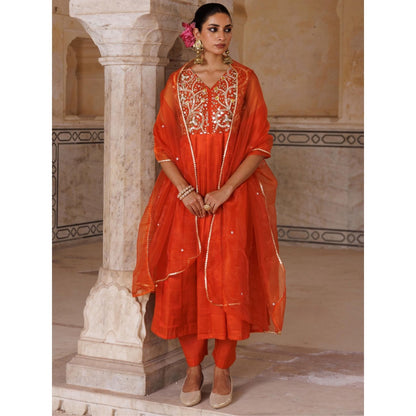 Bannhi Orange Silk, Hand Embroidered Anarkali With Pant and Dupatta