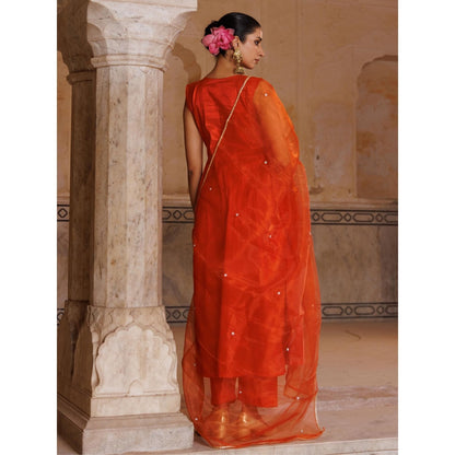 Bannhi Orange Silk, Hand Embroidered Anarkali With Pant and Dupatta