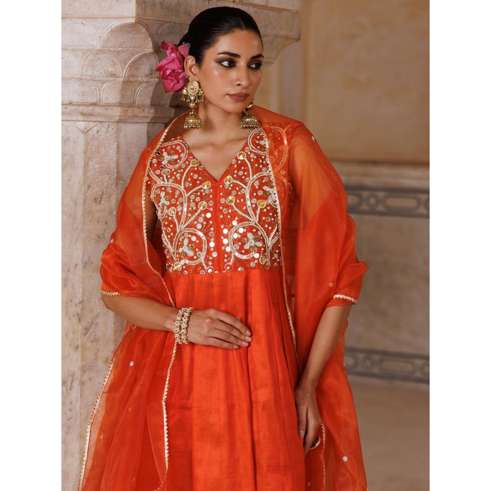 Bannhi Orange Silk, Hand Embroidered Anarkali With Pant and Dupatta