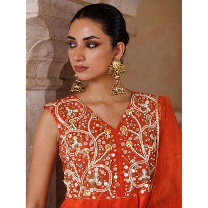 Bannhi Orange Silk, Hand Embroidered Anarkali With Pant and Dupatta