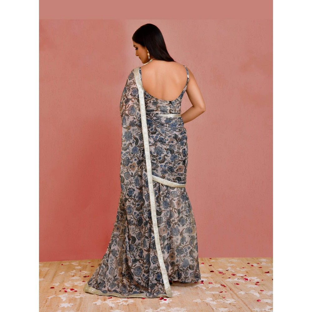Bannhi Beige-Blue Gulbahar Pre-Stitched Saree With Stitched Blouse